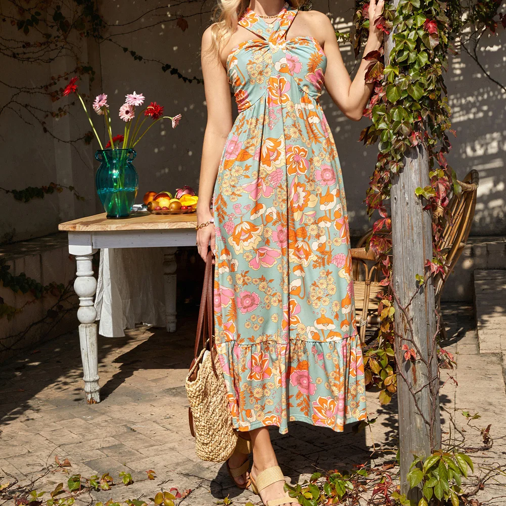 GK Women Halterneck Floral Print Beach Maxi Long Dress Summer Ruched Ruffle Bodice Tiered Skirt A-Line Dress With Pockets A20
GK Women Halterneck Floral Print Beach Maxi Long Dress Summer Ruched Ruffle Bodice Tiered Skirt A-Line Dress With Pockets A20