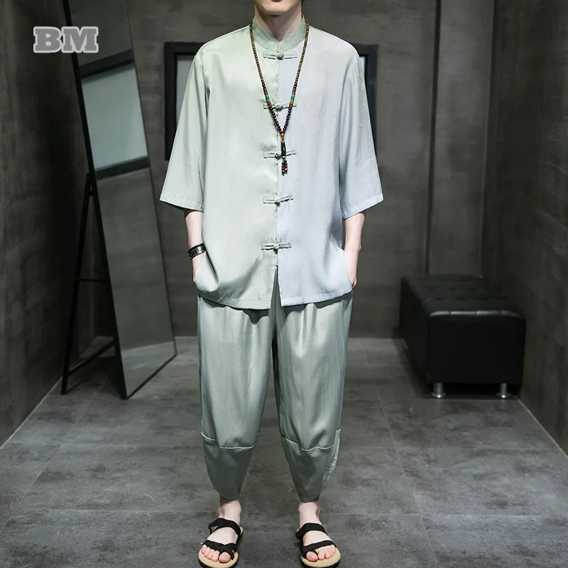 Summer Thin Plus Size Suits Chinese Traditional Dress Men'S Sets Ice Silk Short Sleeve Shirt Cropped Pants Tai Chi Clothing
Summer Thin Plus Size Suits Chinese Traditional Dress Men'S Sets Ice Silk Short Sleeve Shirt Cropped Pants Tai Chi Clothing