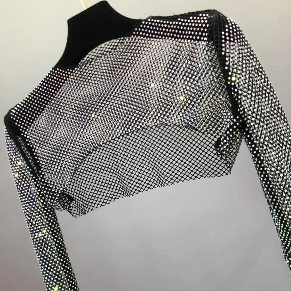 Sexy Shiny Rhinestones Women Blouses O-Neck Long Sleeve Hollow Out Crop Top Women Summer See-Through Net Dance T-shirt Cover Up 
Sexy Shiny Rhinestones Women Blouses O-Neck Long Sleeve Hollow Out Crop Top Women Summer See-Through Net Dance T-shirt Cover Up