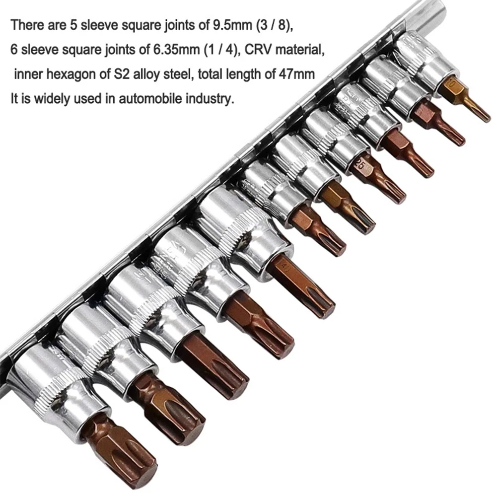 11PCS Torx Screwdriver Bit Bits 3/8 1/4inch Drive Socket Chrome Vanadium Steel Ratchet Socket Wrench Adapter Press-fit Sleeve
11PCS Torx Screwdriver Bit Bits 3/8 1/4inch Drive Socket Chrome Vanadium Steel Ratchet Socket Wrench Adapter Press-fit Sleeve