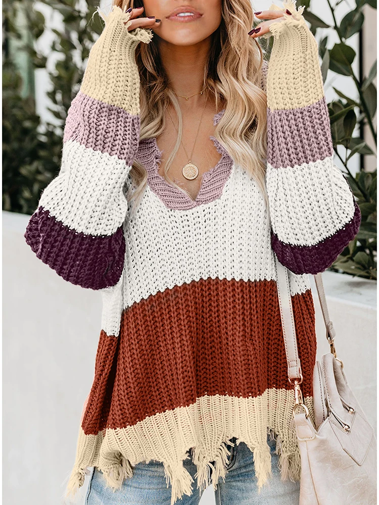 Women Sweater V Neck Pullover Tattered Long Sleeve Tops Ladies Knitted Striped Spliced Sweater Jersey De Mujer Invierno
Women Sweater V Neck Pullover Tattered Long Sleeve Tops Ladies Knitted Striped Spliced Sweater Jersey De Mujer Invierno