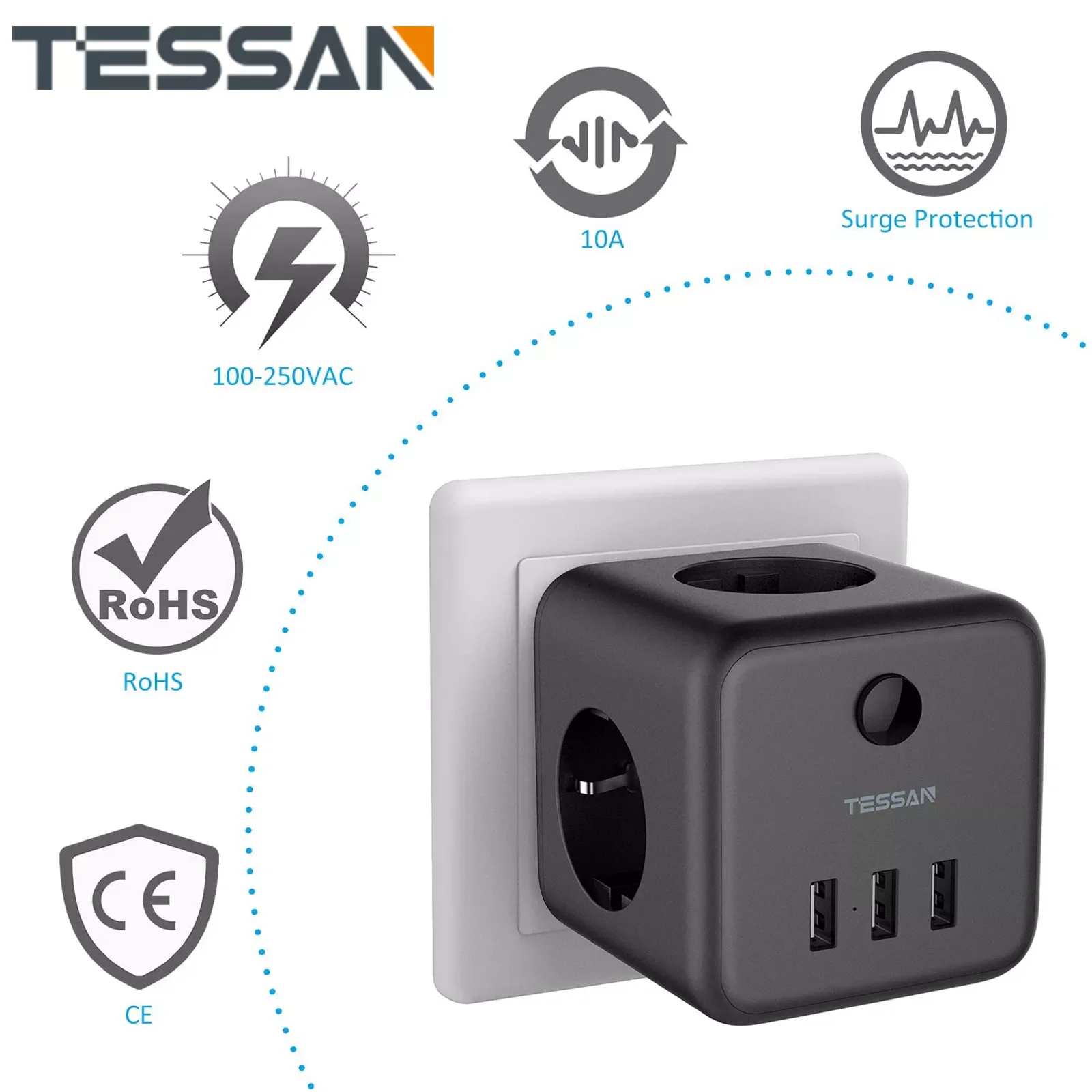 TESSAN EU Plug Power Strip with Switch On/Off 3 AC Outlets 3 USB Charging Ports 5V 2.4A Portable Multi Socket Power Adapter
TESSAN EU Plug Power Strip with Switch On/Off 3 AC Outlets 3 USB Charging Ports 5V 2.4A Portable Multi Socket Power Adapter