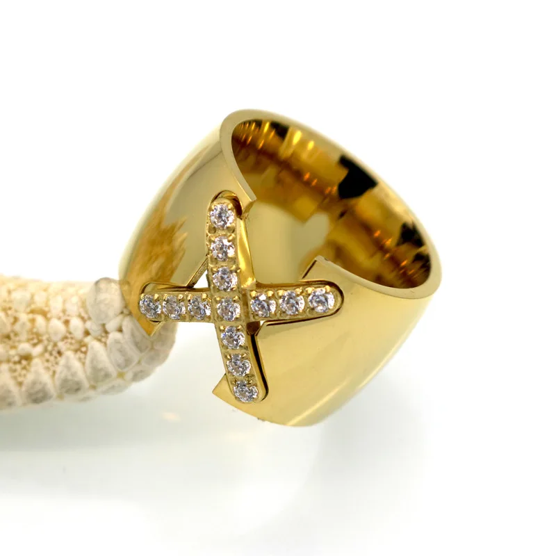 

YS New Arrival Gold Color Ring 14mm Width Big Pave Setting CZ Cross X Ring For Women Trendy Crystal Jewelry Wholesale Gift