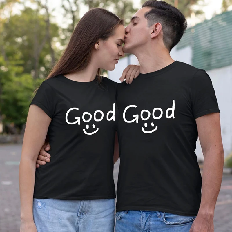 

Good Smile Printed Couples T-shirt Casual O-neck Cotton Short Sleeve Tees Lovers Pullover Tops Sweet Gifts for Men Women