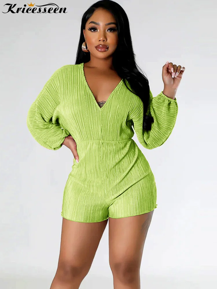

Kricesseen Sexy Solid Bandage Skinny One Pieces Romper Women Long Sleeve V Neck Playsuits Clubwear Short Jumpsuit Outfits