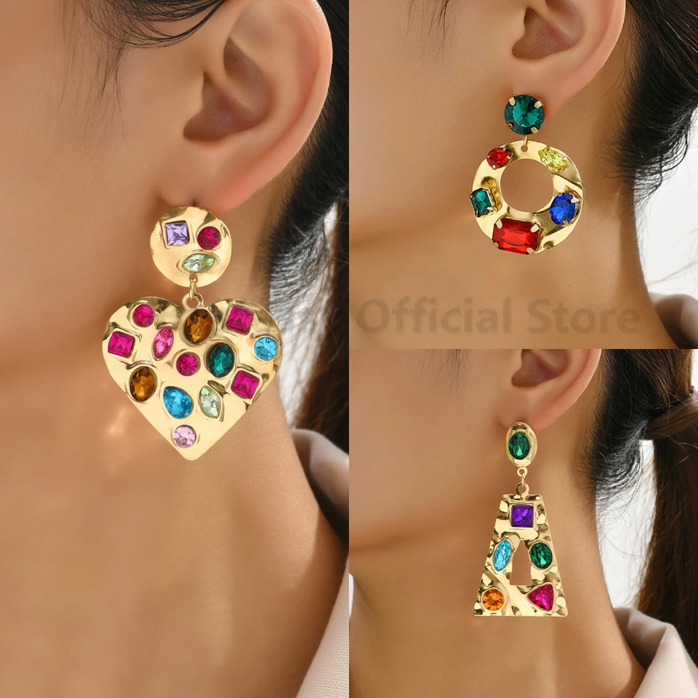 

Shiny Rhinestones Heart Round Dangle Earrings For Women Trend Luxury High Quality Geometric Metal Big Pendientes Vintage Jewelry