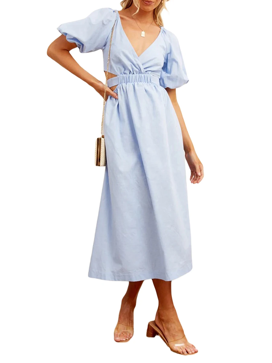 Women Solid Color A-line Midi Dress Lantern Half Sleeve V Neck High Waist Back Tie Casual Dresses
Women Solid Color A-line Midi Dress Lantern Half Sleeve V Neck High Waist Back Tie Casual Dresses