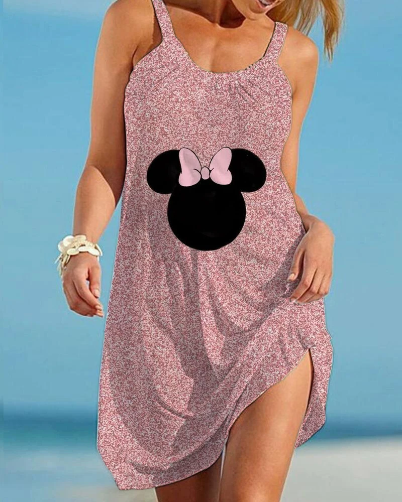 

Disney Minnie Mickey Mouse Print Dress Women's Fashion Summer Strap Beach Dress Bohemian Party Dresses Elegant Sundress Hem