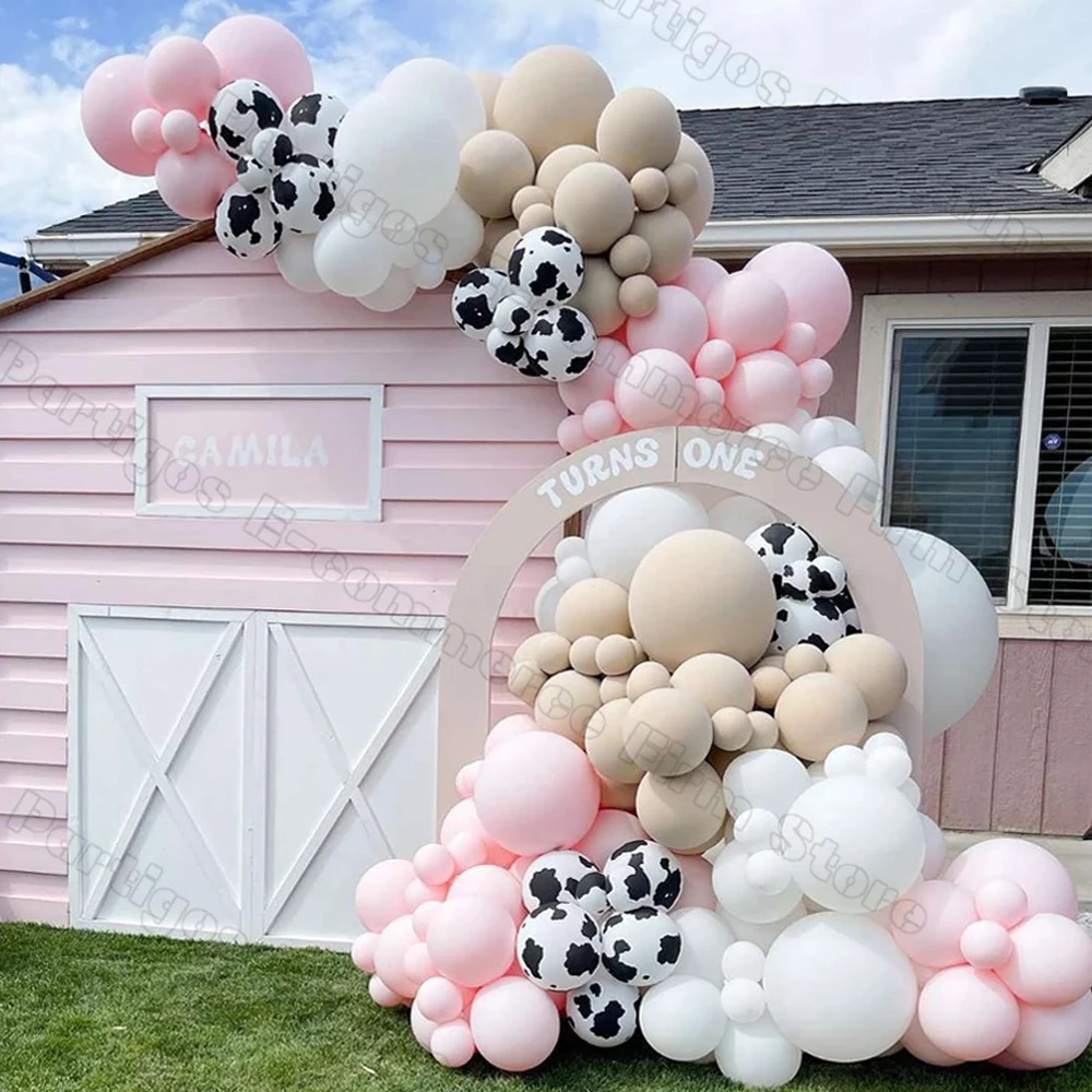 

139Pcs Cow Farmland Theme Party Pink white Khaki Balloon Garland 12inch Cow Printed Balloons for Farm Birthday Party Decorations