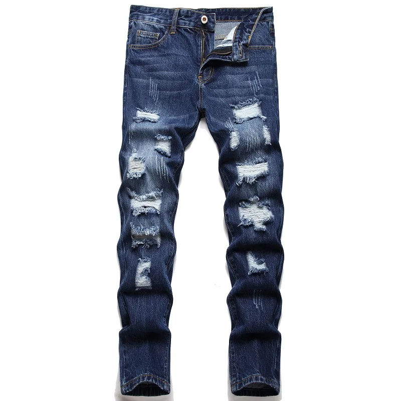 

Denim Trousers Straight Washed with Pleated Ripped holes button skinny biker jeans blue 2022 slim fit jeans men pants hot sale