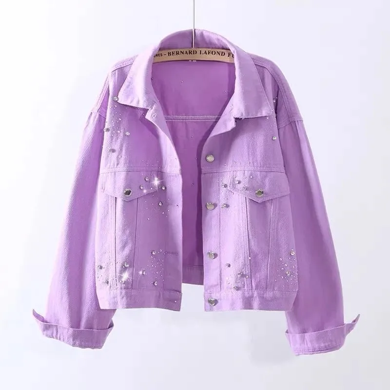 Women's Denim Jacket Spring Autumn Short Coat Pink Jean Jackets Casual Tops White Purple Yellow Diamond Loose Outerwear KW1113
Women's Denim Jacket Spring Autumn Short Coat Pink Jean Jackets Casual Tops White Purple Yellow Diamond Loose Outerwear KW1113