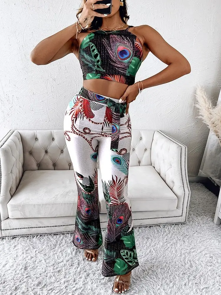 

Shein Romwe Set Of Two Fashion Pieces For Women Peacock Print Crop Top & Pants Set With Belt Urbano Casual Pants Set FreteGratis