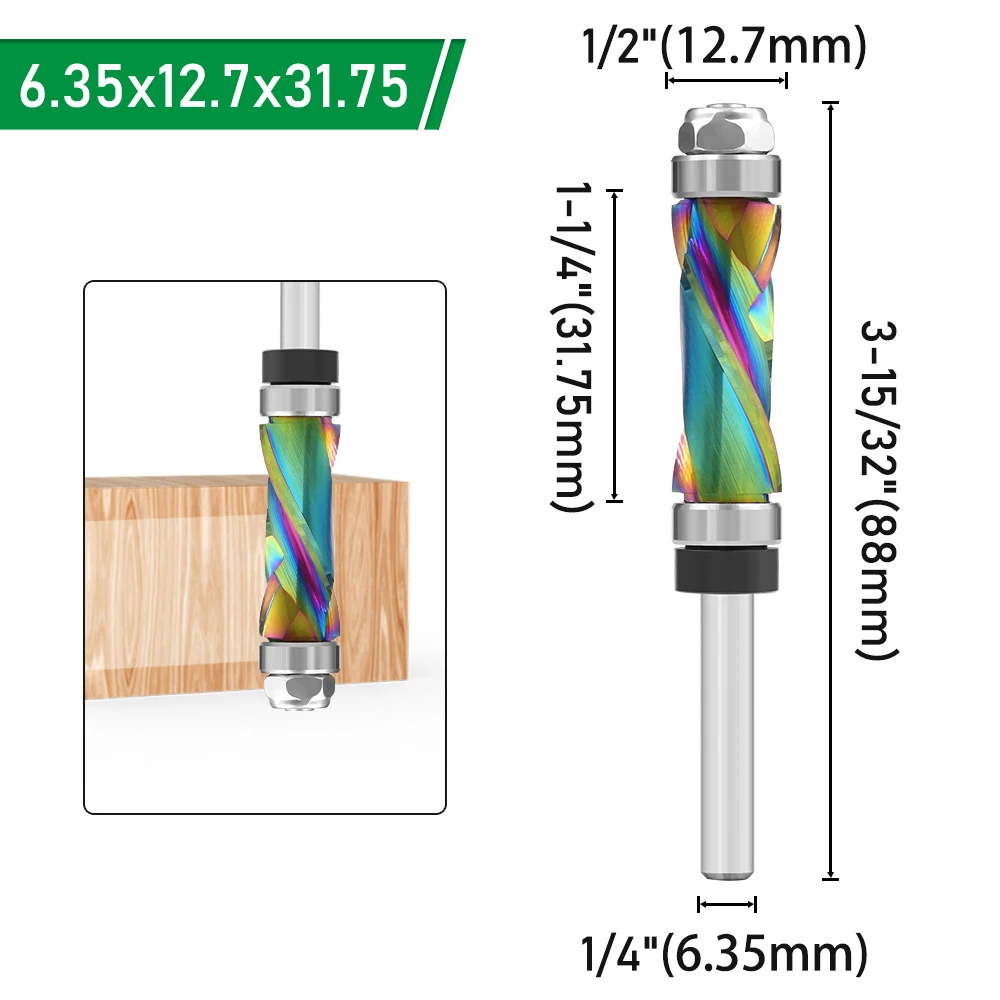 1/4 дюйма 6,35 мм хвостовик с нанопокрытием, спиральная компрессионная фреза с отделкой заподлицо, фреза с верхним и нижним подшипником для деревообработки
1/4 дюйма 6,35 мм хвостовик с нанопокрытием, спиральная компрессионная фреза с отделкой заподлицо, фреза с верхним и нижним подшипником для деревообработки