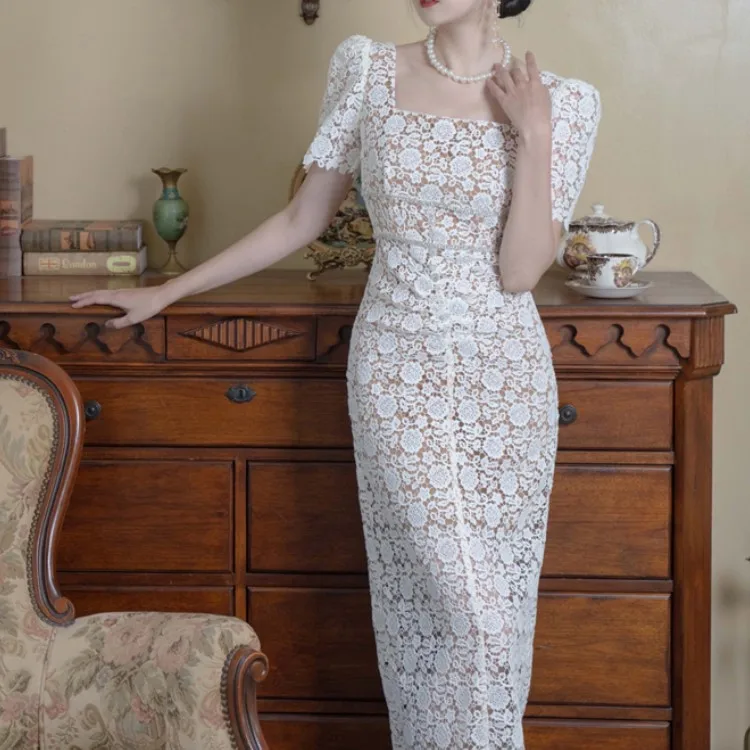 Temperament French Vintage Hollow out Lace Pencil Dress Elegant Square Collar Puff Sleeve Slim Party Dresses Women Clothing
Temperament French Vintage Hollow out Lace Pencil Dress Elegant Square Collar Puff Sleeve Slim Party Dresses Women Clothing