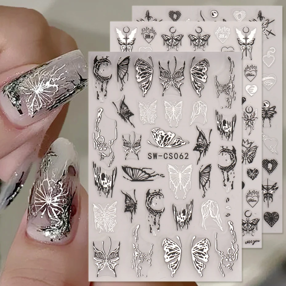 Metallic Silver Black Nail Stickers 3D Dark Style Charms Sliders Ink Butterfly Moon Heart Lock Sword Foil Manicure Tips BESW-CS
Metallic Silver Black Nail Stickers 3D Dark Style Charms Sliders Ink Butterfly Moon Heart Lock Sword Foil Manicure Tips BESW-CS