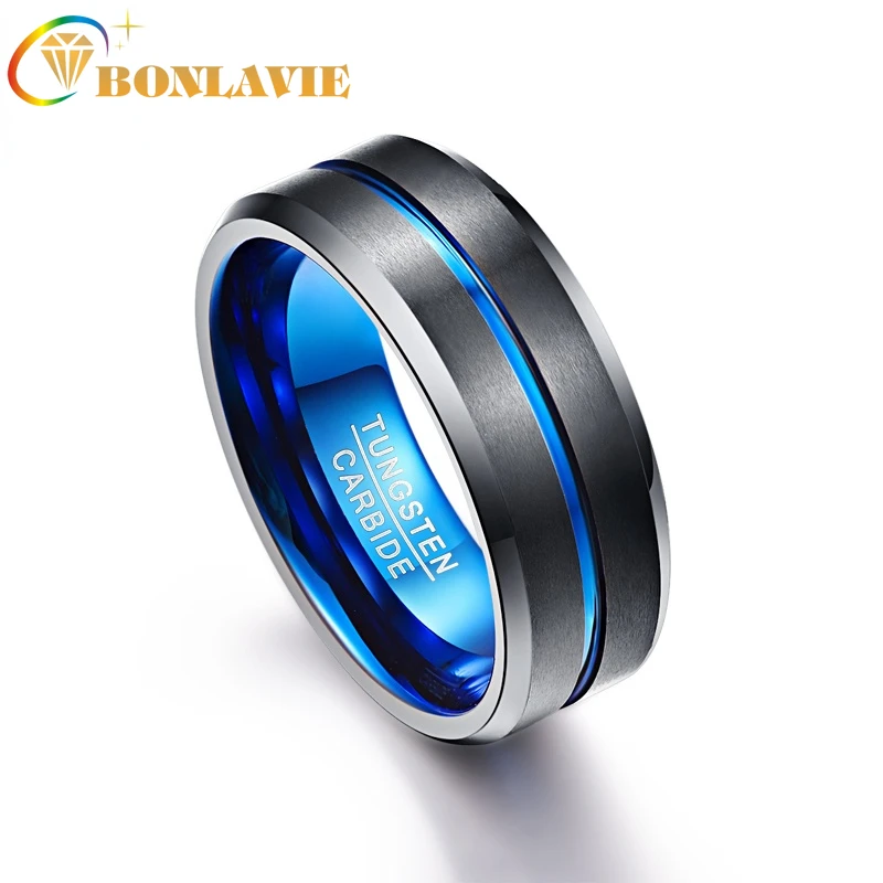 

Мужское кольцо BONLAVIE 8 мм из карбида вольфрама с синей и черной матовой отделкой со скошенными краями, обручальное кольцо размером 4-17
