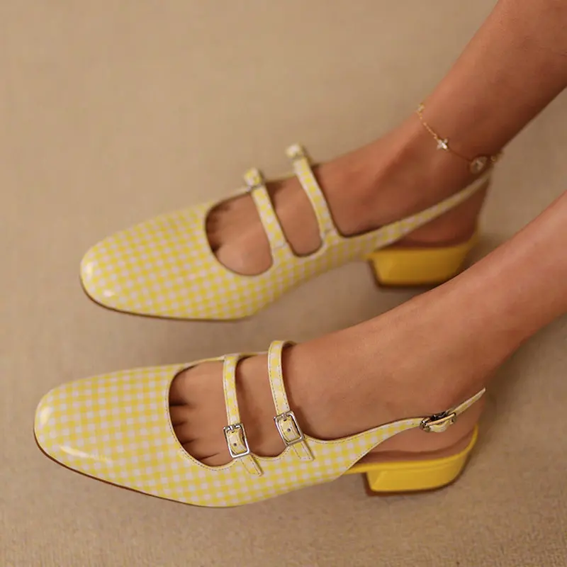 

Genuine Cow Leather Pink Yellow Checker Plaid Round Toe Double Buckle Strap Mary Janes Square Med Heels Slingback Sandals Women