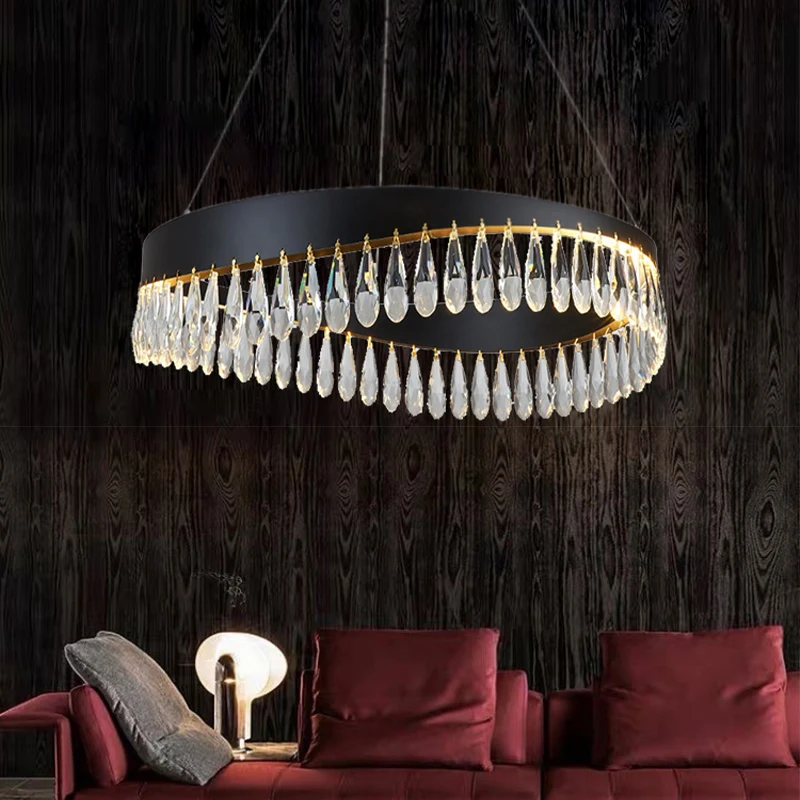 

Artistic Curve Modern Suspension Chandeliers Black Luxury Crystal Hanging Lamps for Ceiling Dimmable LED Lustre for Living Room