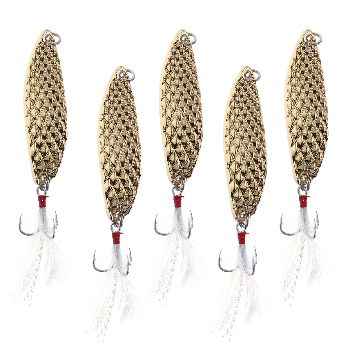 5pcs Spoons Hard Fishing Lures Treble Hooks Metal Fishing Lure Baits Fishing Accessories (Golden Lure + White ) Goods
5pcs Spoons Hard Fishing Lures Treble Hooks Metal Fishing Lure Baits Fishing Accessories (Golden Lure + White ) Goods