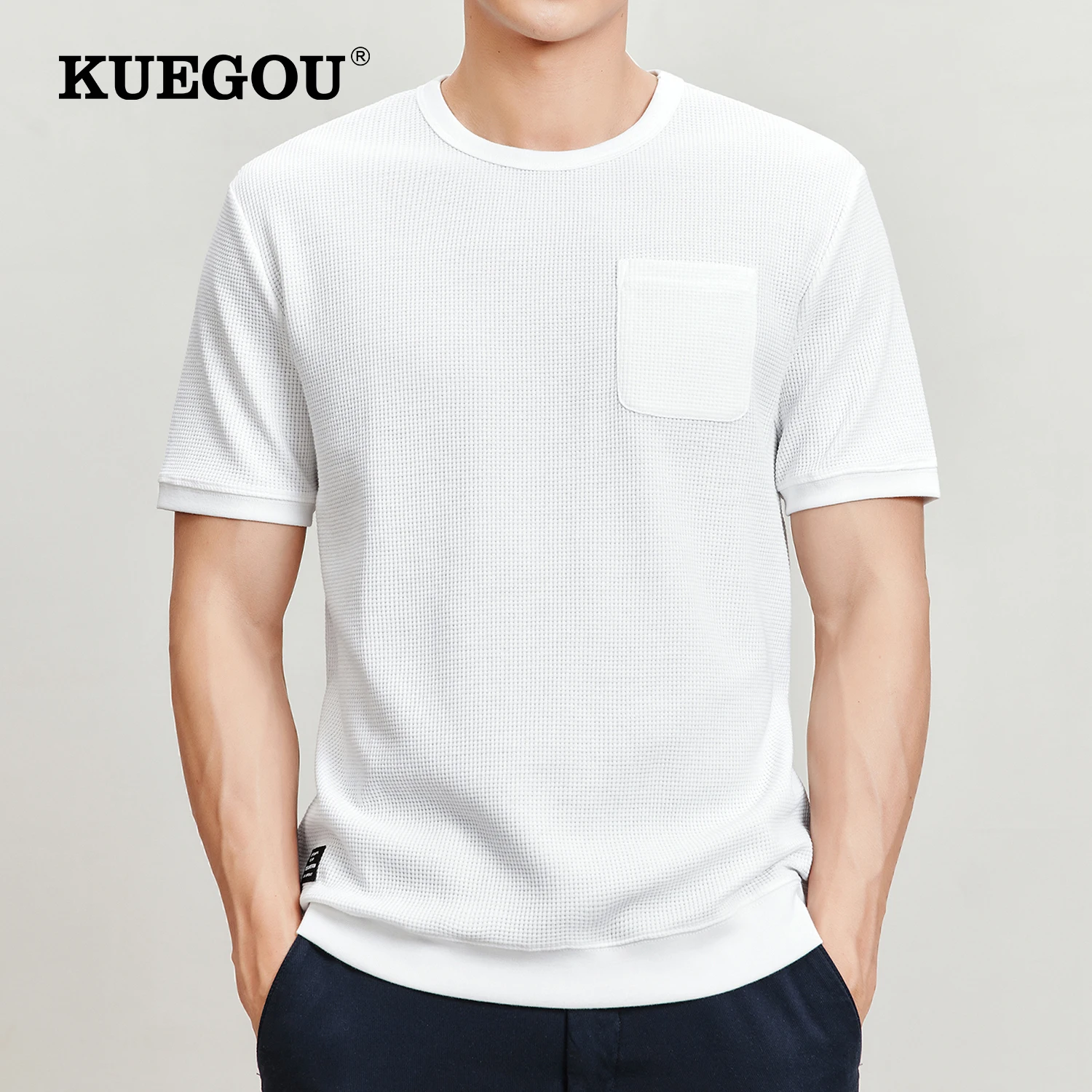 Мужская Однотонная футболка KUEGOU, белая вафельная футболка с коротким рукавом, модель 2022, лето 55041
Мужская Однотонная футболка KUEGOU, белая вафельная футболка с коротким рукавом, модель 2022, лето 55041