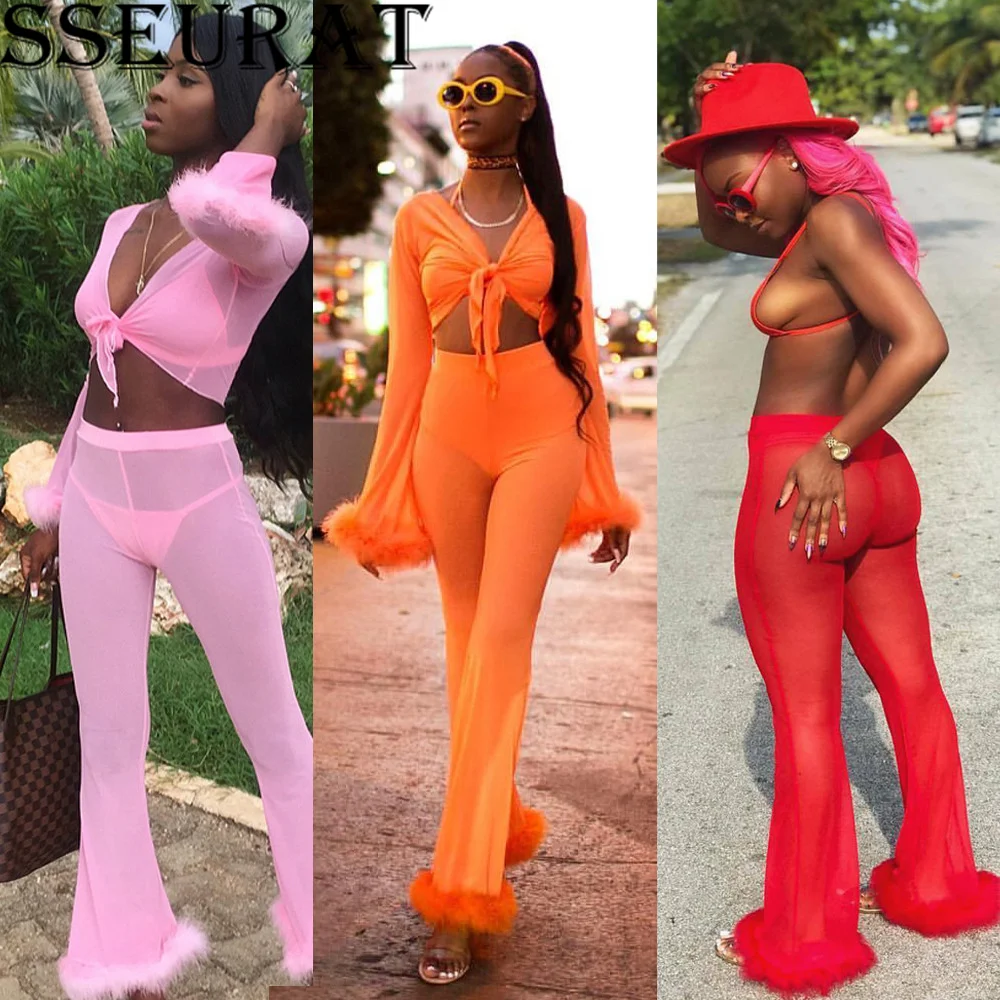 SSEURAT Sexy Perspective Fur Stitching Set Women Chiffon Cardigan Crop Tops + Flare Pants Four Piece Set Mesh Club Set
SSEURAT Sexy Perspective Fur Stitching Set Women Chiffon Cardigan Crop Tops + Flare Pants Four Piece Set Mesh Club Set
