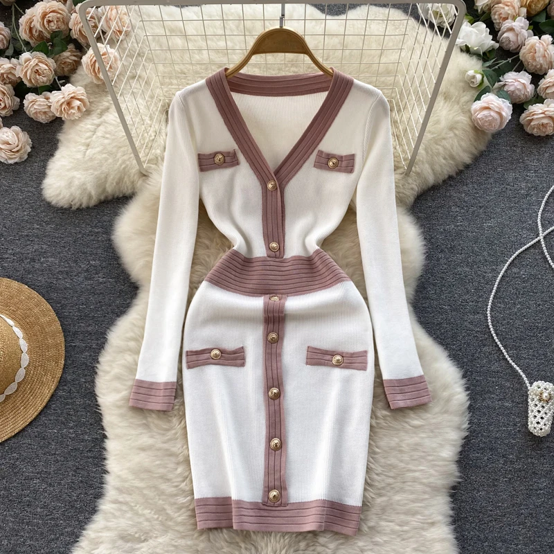 Elegant Women Colorblock Knit Dress Autumn Ladies V Neck Single Breasted Bodycon Dress Long Sleeve Vestidos Korean Clothing
Elegant Women Colorblock Knit Dress Autumn Ladies V Neck Single Breasted Bodycon Dress Long Sleeve Vestidos Korean Clothing