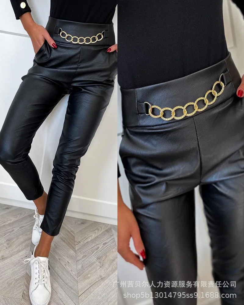 Womem's Pencil Pants 2022 Summer New Metal Chain Decorative Leather Pants Casual Fashion Slim Trousers
Womem's Pencil Pants 2022 Summer New Metal Chain Decorative Leather Pants Casual Fashion Slim Trousers