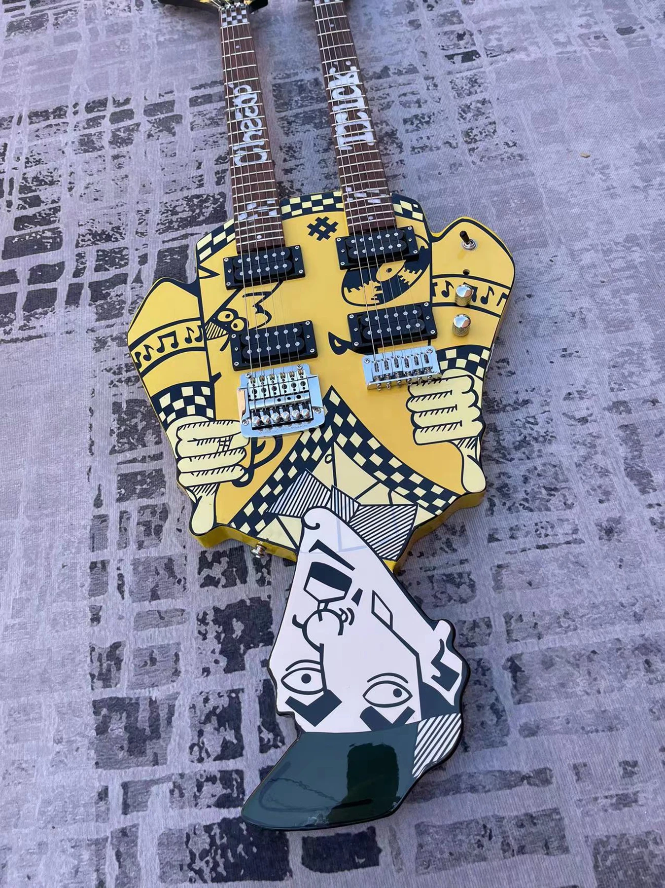 Yellow inverted electric guitar, high-end pickup truck, personality, heavy metal rock,
Yellow inverted electric guitar, high-end pickup truck, personality, heavy metal rock,
