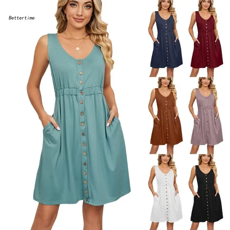 B36D Women Summer Empire Waist A-Line Sleeveless Midi Dress Round Neck Button Down Flared Hem Tie Swing Dresses with Pockets
B36D Women Summer Empire Waist A-Line Sleeveless Midi Dress Round Neck Button Down Flared Hem Tie Swing Dresses with Pockets