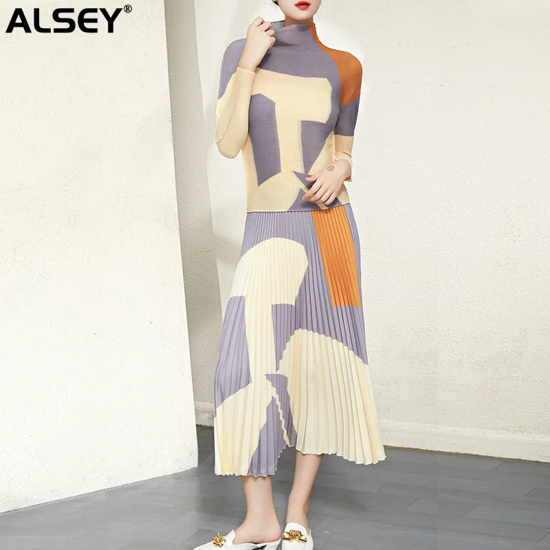 ALSEY Miyake Pleated Women's Skirt Women's Long Sleeve Top Printed Artistic Elegant Pleated Skirt Two-piece Set 2023 Fall New 
ALSEY Miyake Pleated Women's Skirt Women's Long Sleeve Top Printed Artistic Elegant Pleated Skirt Two-piece Set 2023 Fall New