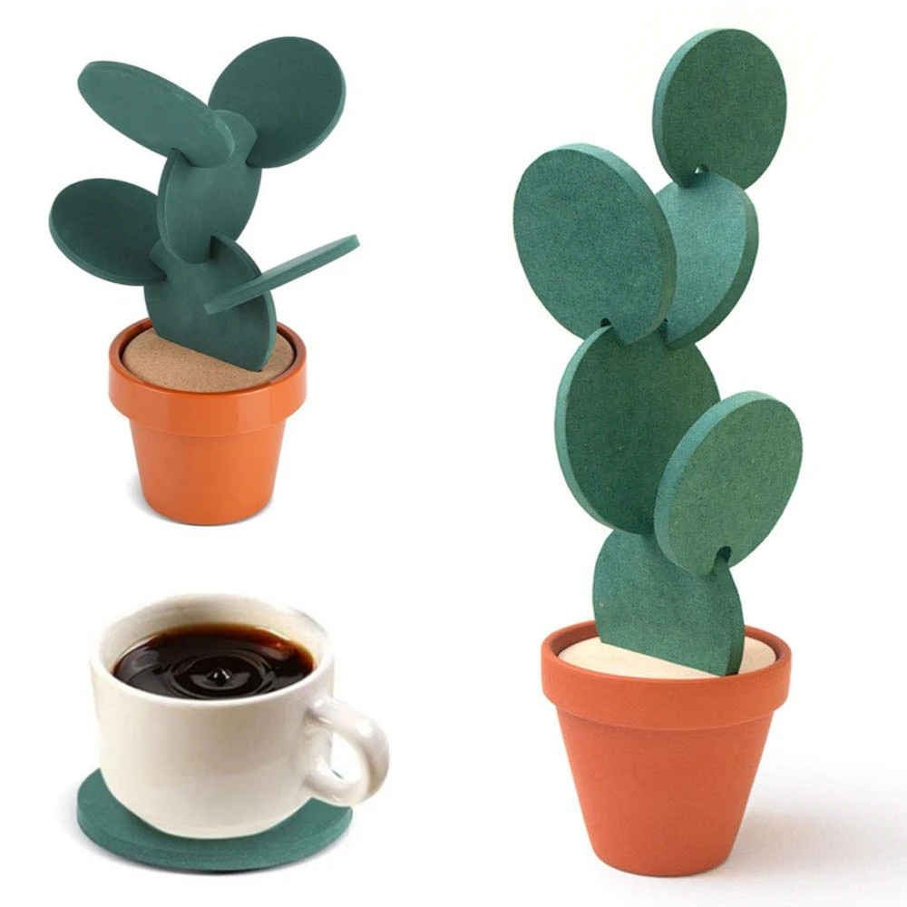 

6Pcs Coaster Set DIY Cactus Novelty Coasters Heat Insulation Non-slip With Storage Coffee Tea Cup Mat Placemat Kitchen Bar Decor