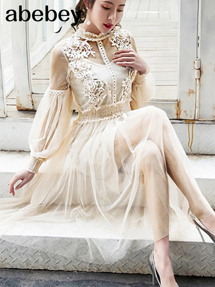 2022 New Women Fashion Dress Stand Collar Lantern Sleeve Mesh Dress See-through Lace Embroidery Fairy Dress Femme Vestidos Robe
2022 New Women Fashion Dress Stand Collar Lantern Sleeve Mesh Dress See-through Lace Embroidery Fairy Dress Femme Vestidos Robe
