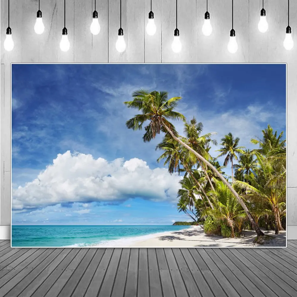 

Cloud Blue Sky Tropical Sea Beach Scenic Photography Backgrounds Seaside Palm Trees Summer Holiday Party Decors Photo Backdrops