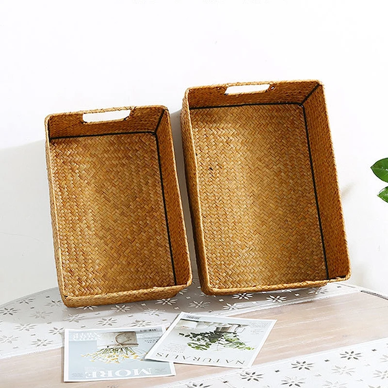 

Hand-woven Storage Basket Rattan Wicker Baskets for Clothes Organizer Snack Sundries Storage Box With Handle Makeup Organizador
