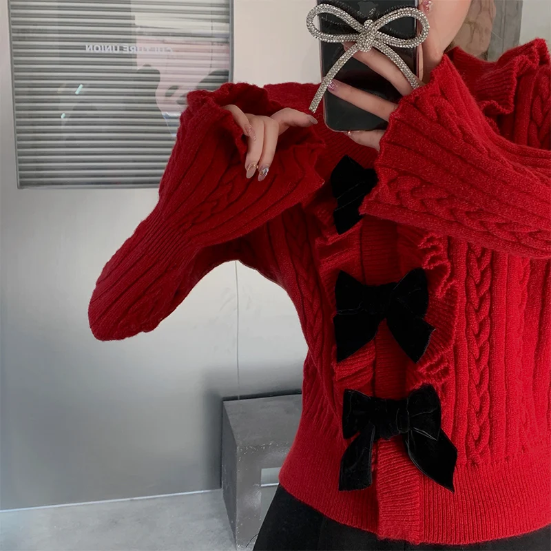 

French Sweet Girl Christmas Twist Red Sexy V Neck Knitted Pullover New Autumn Winter Black Bowknots Ruffles Flare Sleeve Sweater