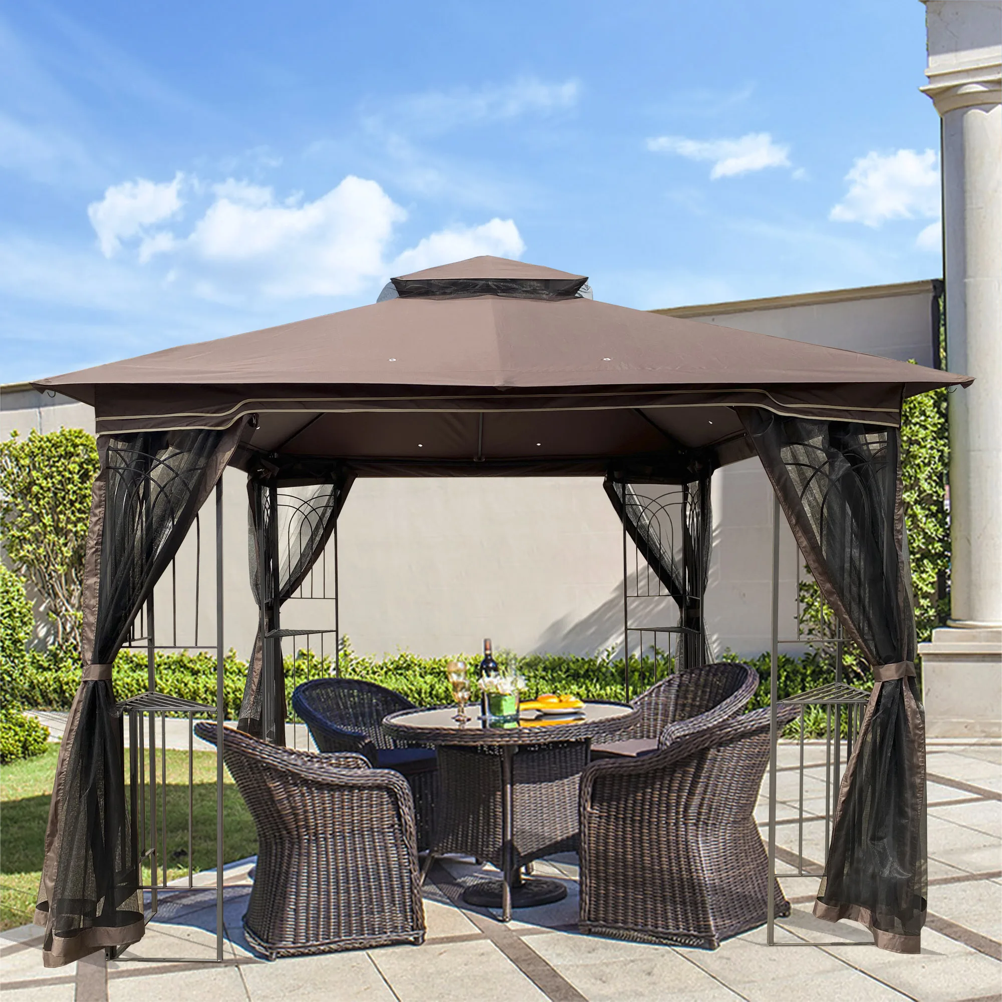 Outdoor Patio Gazebo Canopy Tent With Ventilated Double Roof And Mosquito net(Detachable Mesh Screen On All Sides)
Outdoor Patio Gazebo Canopy Tent With Ventilated Double Roof And Mosquito net(Detachable Mesh Screen On All Sides)