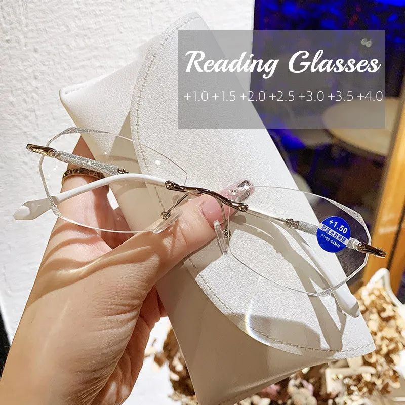 Silver Gold Diamond Cut Rimless Reading Glasses Women Blue Light Blocking Eyeglasses Ladies Near Sight Eyewear Diopters To +4.0
Silver Gold Diamond Cut Rimless Reading Glasses Women Blue Light Blocking Eyeglasses Ladies Near Sight Eyewear Diopters To +4.0