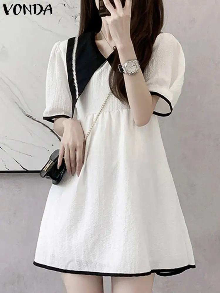 2023 VONDA Elegant Women Mini Dress Summer Short Puff Sleeve Casual Sundress Fashion Loose Sexy V-Neck Pleated Patchwork Robe
2023 VONDA Elegant Women Mini Dress Summer Short Puff Sleeve Casual Sundress Fashion Loose Sexy V-Neck Pleated Patchwork Robe