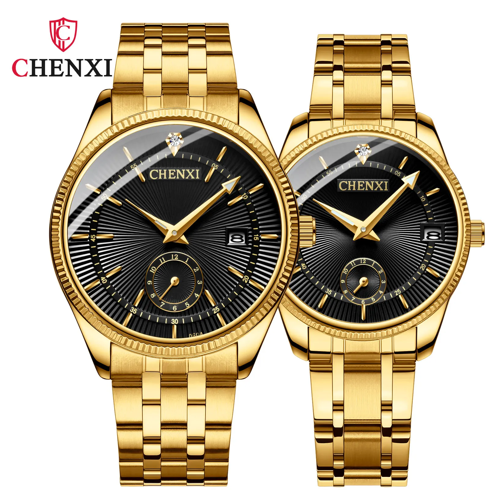 

CHENXI Fashion Luxury Brand Calendar Gold Couple Lovers Mens Women Clock Luminous 30M Waterproof Stainless Steel Quartz Watch