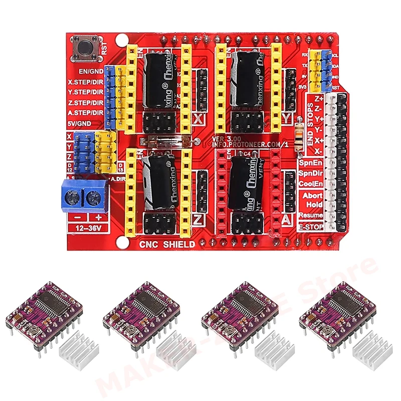 CNC Shield Expansion Board with 4pcs DRV8825 Stepstick Stepper Motor Driver Module Kit for 3D Printer RepRap RAMPS 1.4
CNC Shield Expansion Board with 4pcs DRV8825 Stepstick Stepper Motor Driver Module Kit for 3D Printer RepRap RAMPS 1.4