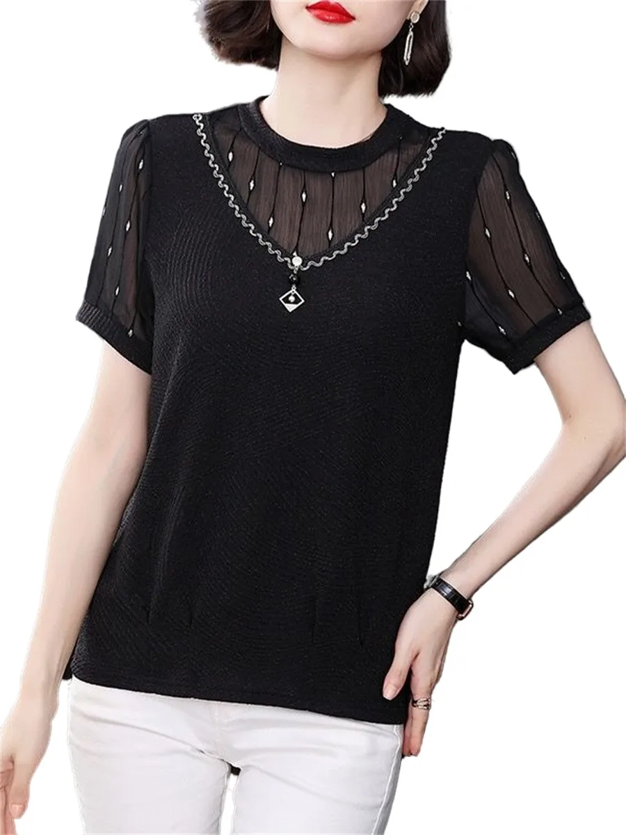 

Women Spring Summer Blouses Shirts Lady Fashion Casual Short Sleeve O-Neck Colla Unique Lace Hollow Out Blusas Tops WY0679