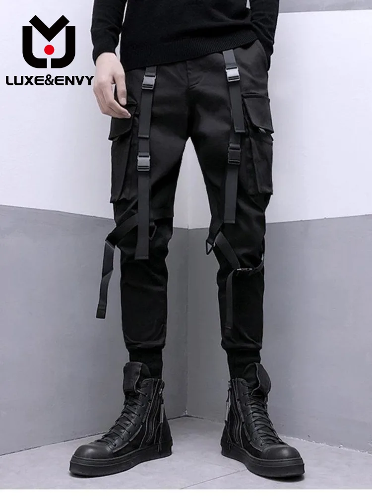 

LUXE&ENVY Darkwear Style Webbing Spliced Pants Men High Street Streetwear Elastic Waist Slim Spring Summer 2023 New