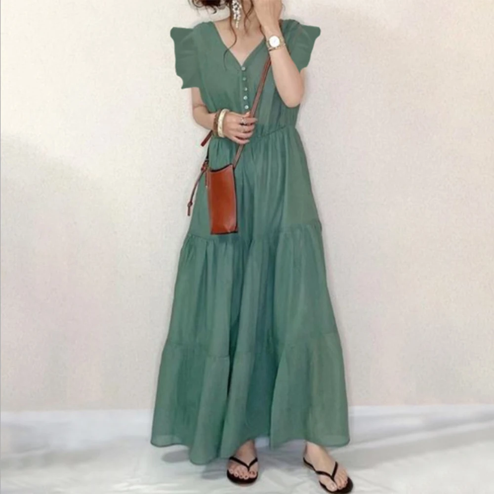 Женское платье с коротким рукавом, повседневное однотонное плиссированное платье составного кроя с V-образным вырезом, элегантное платье в Корейском стиле на лето 
Женское платье с коротким рукавом, повседневное однотонное плиссированное платье составного кроя с V-образным вырезом, элегантное платье в Корейском стиле на лето