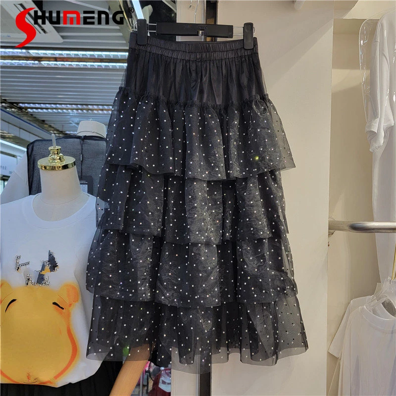 

High Waist Goddess Temperament Skirt All-Matching Youthful-Looking Elegant Summer New Black Rhinestone Shiny Fairy Skirt