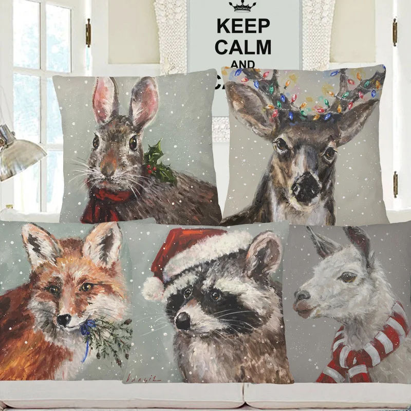 

Hand Painting Christmas Animals Cushion Covers Xmas Hare Raccoon Deer Fox Bear Owl Cow Poster Print Pillow Case