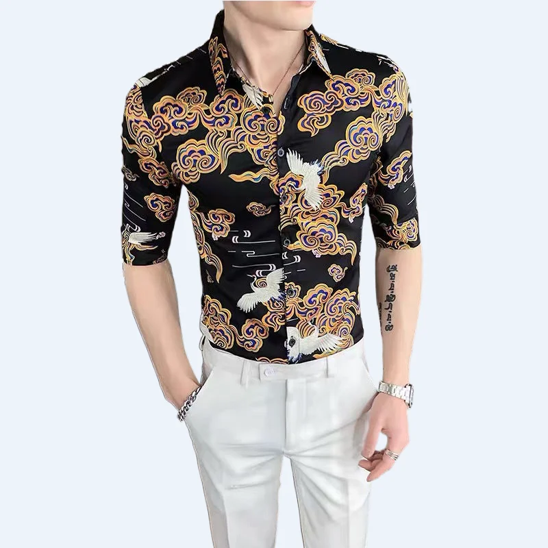 Men's Summer Short-sleeved Shirt Slim-fit Flying Crane Printed Shirts High Quality Handsome Seven-sleeved Korean Casual Top
Men's Summer Short-sleeved Shirt Slim-fit Flying Crane Printed Shirts High Quality Handsome Seven-sleeved Korean Casual Top