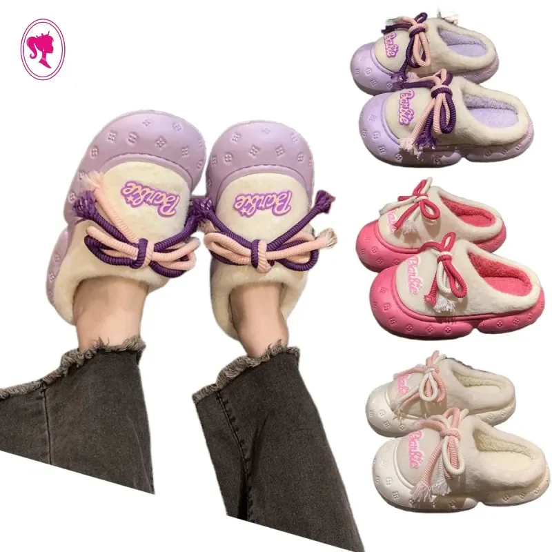 

Симпатичные Барби женские плюшевые тапочки мультяшная милая девочка зимняя Нескользящая теплая хлопковая обувь с носком кавайная Повседневная Удобная обувь