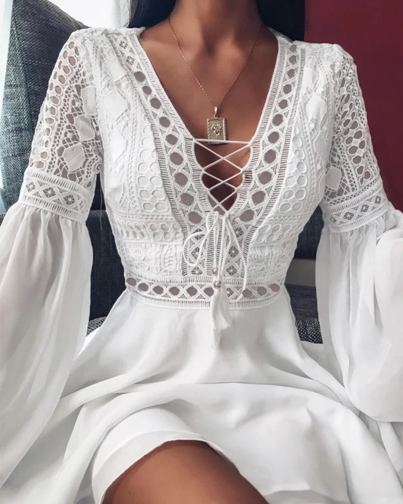 Sexy Crochet Lace V-Neck Mini Dress 2021 Summer Flare Sleeve Chiffon Beach Sundress Elegant Women Dress Party Sexi
Sexy Crochet Lace V-Neck Mini Dress 2021 Summer Flare Sleeve Chiffon Beach Sundress Elegant Women Dress Party Sexi