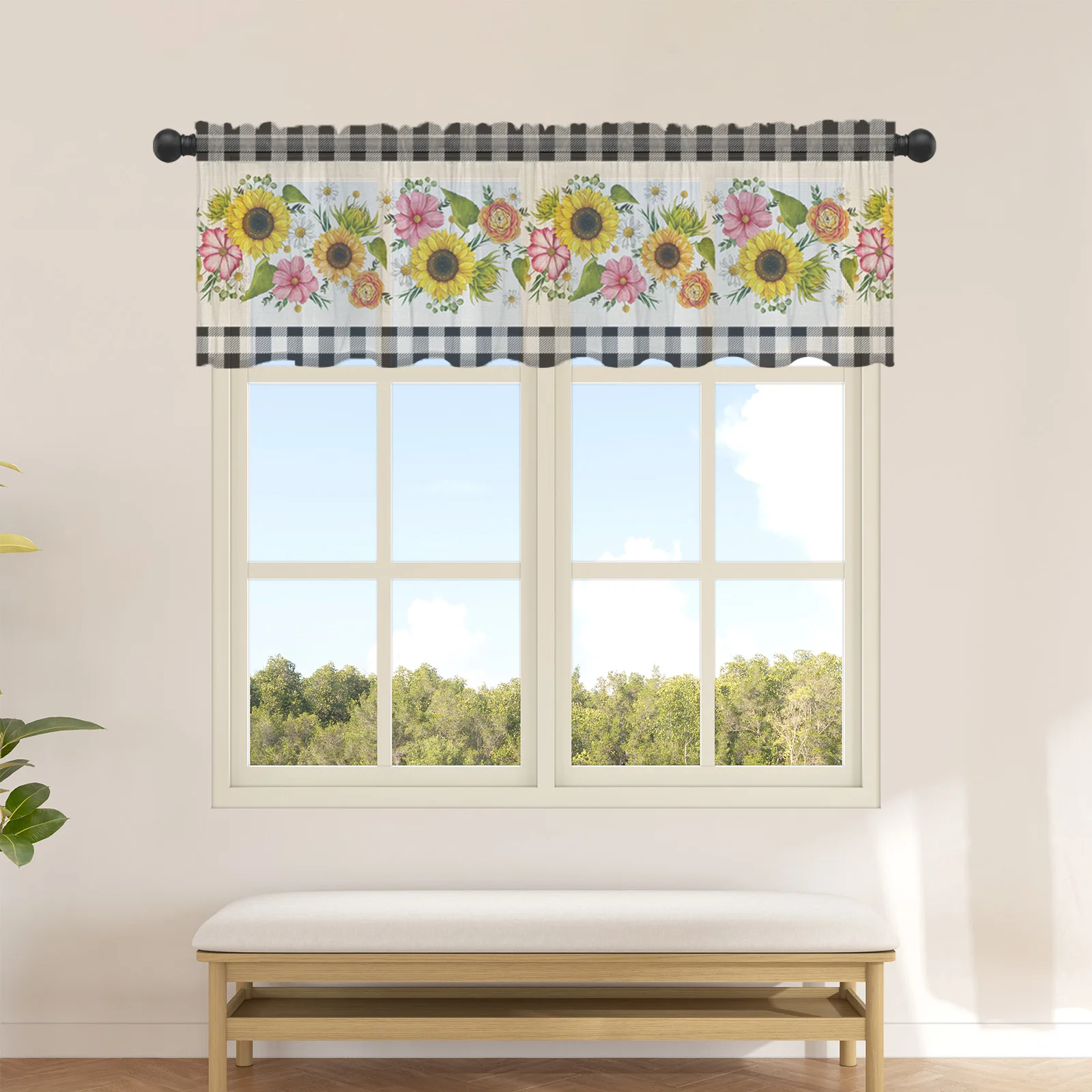 

Pastoral Sunflower Plaid Short Tulle Curtain Kitchen Small Curtain Sheer Curtain Living Room Home Decor Voile Drapes