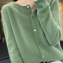 Aliselect Long Sleeve Women Knitwear Cashmere Knit 100% Pure Merino Wool Spring Autume O-Neck Top Cardigan Sweater Clthing Coat